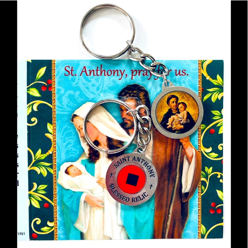 Blessed Saint Anthony relic keychain set and prayer card.Silvertone double sided - Picture 4 of 11